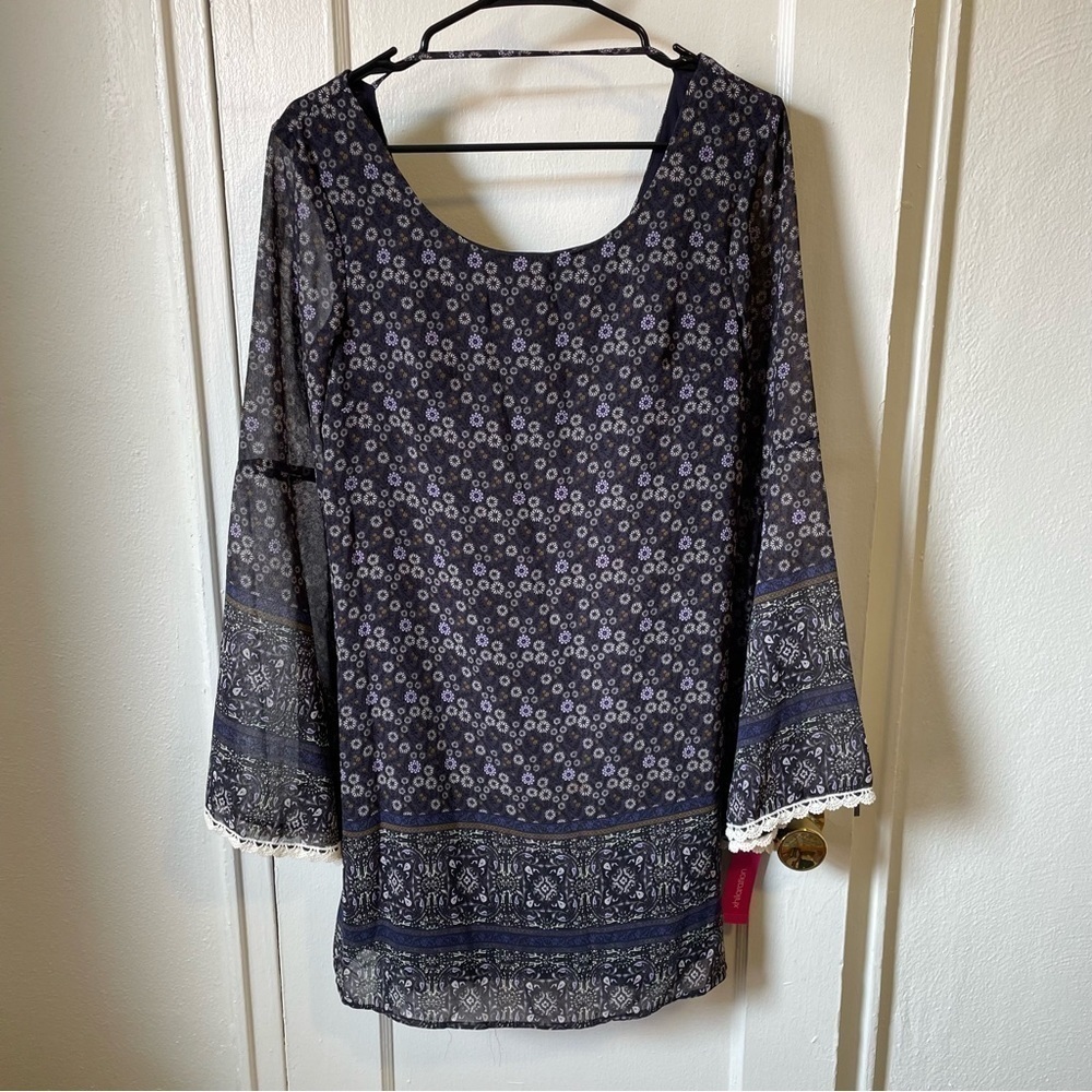 Navy Blue Floral Flare Sleeve Boho Dress